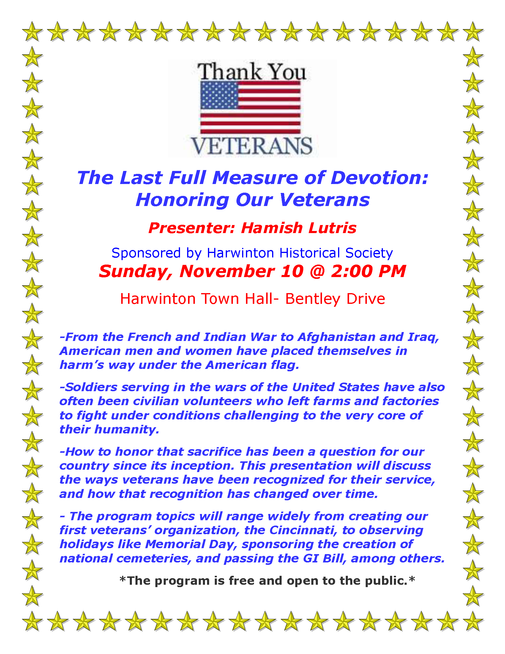 Honoring our Veterans Program at Harwinton Historical Society