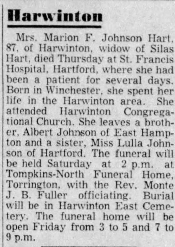 Newspaper obituary for Mrs. Marion Johnson Hart, widow of Silas Hart